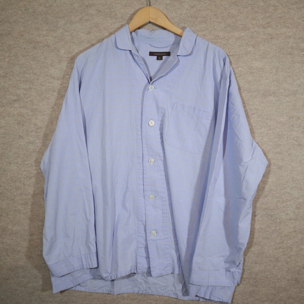 Nordstrom Mens XL Pajama Top Blue Yellow Plaid Cotton Long Sleeve Sleep Shirt
